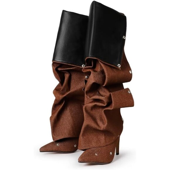 ⚡Women's Brown Knee High Shark Boots Pointed Toe High Heels Ruched Stiletto - Picture 1 of 6